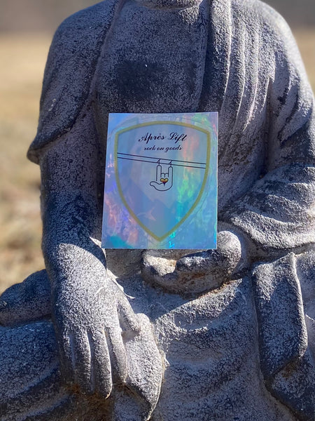 Buddha Approved Après Lift holographic sticker close up