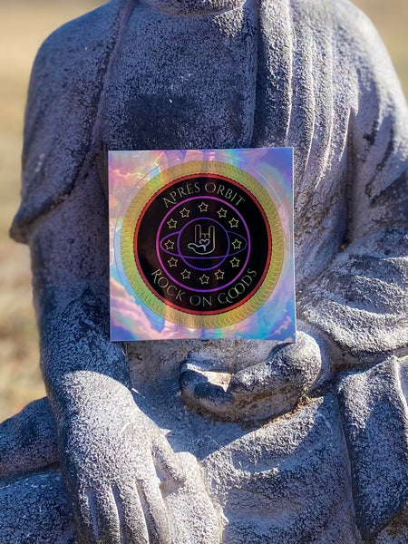 Buddha Approved Après Orbit holographic sticker close up
