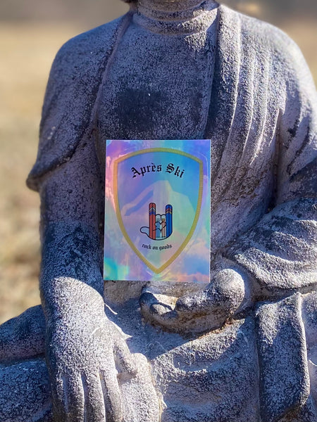 Buddha Approved Après Ski holographic sticker close up
