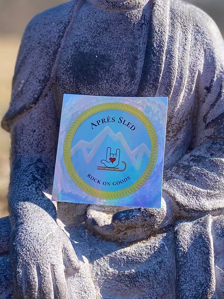Buddha Approved Après Sled holographic sticker close up