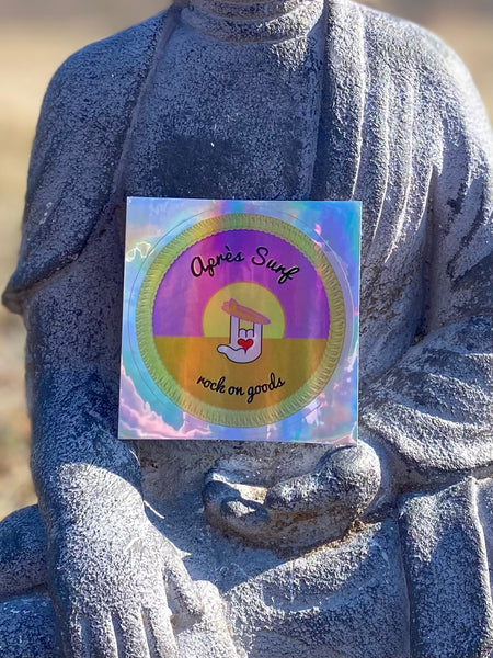 Buddha Approved Après Surf holographic sticker close up