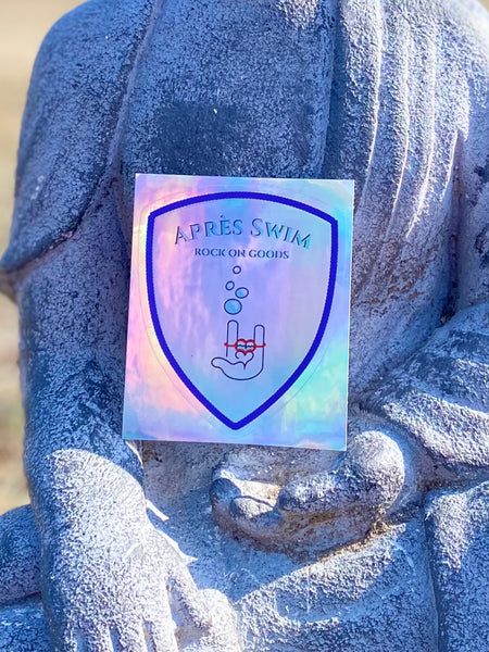 Buddha Approved Après Swim holographic sticker close up