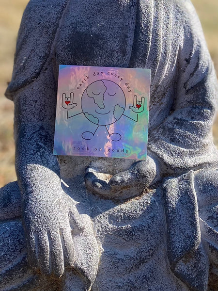 Buddha Approved Earth Day Every Day holographic sticker close up