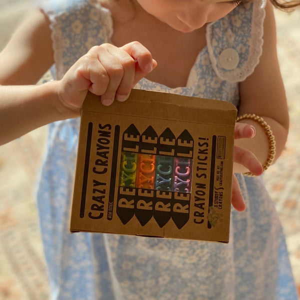 Box of 100% recycled eco-friendly crazy crayon sticks.