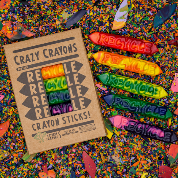 Bright and colorful box of 100% Recycled Crazy Crayon sticks